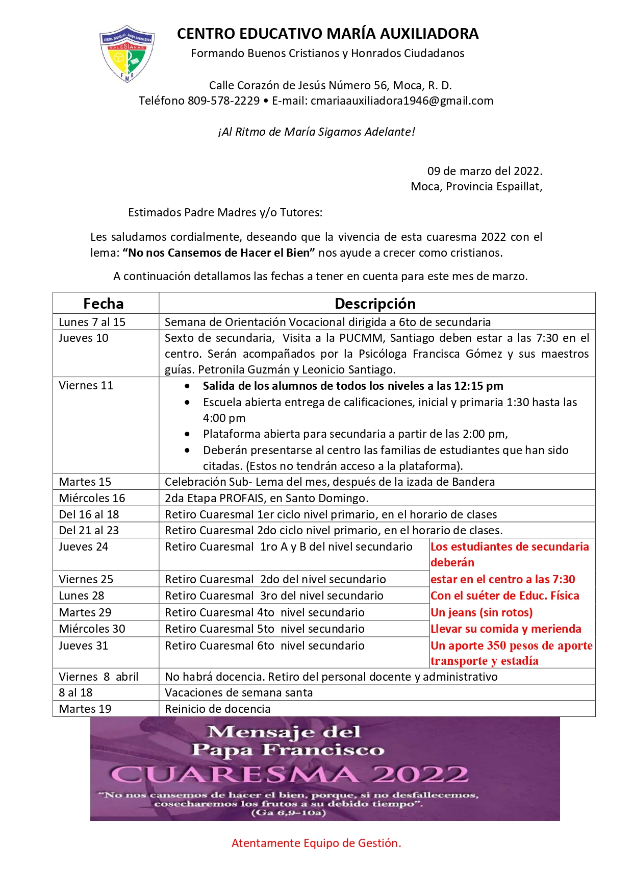 Informaciones a las Familias.